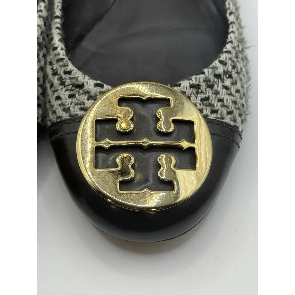 Tory Burch Serena Reva Tweed Logo Flats Sz 8.5